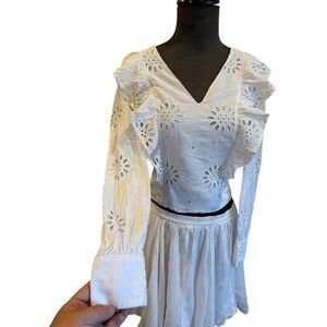 Bar III Womens White Eyelet Ruffle V-Neck Long Sleeve Blouse Top Size S